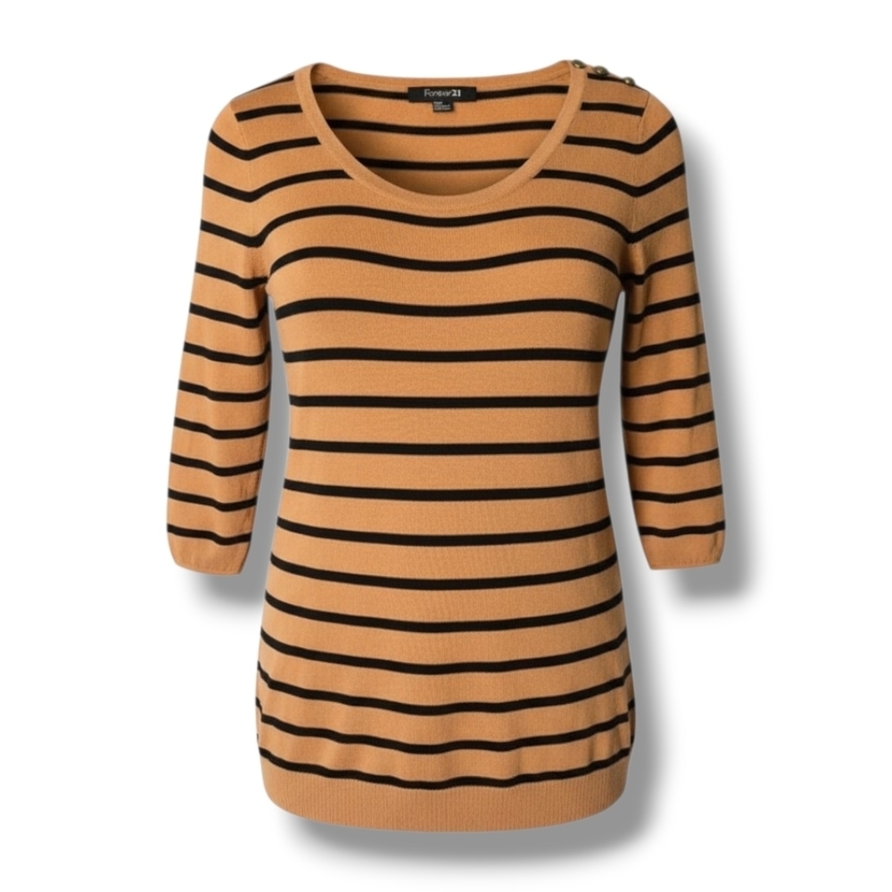 Forever 21 women's brown striped shoulder button detailing tunic sweater medium